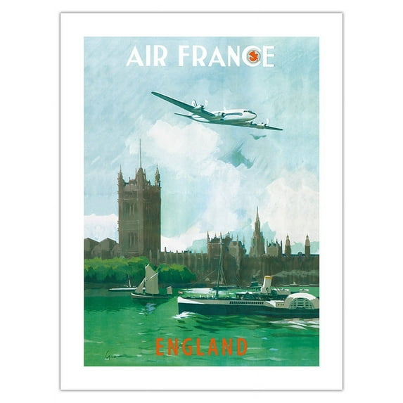 England - River Thames London - France - Vintage Airline Travel Poster by Vincent Guerra c.1951 - Fine Art Matte Paper Print (Unframed) 18x24in