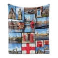 thumbnail image 1 of England Soft Flannel Fleece Throw Blanket, Capital City Telephone Booth Clock Tower Bridge River British Flag Flowers, Cozy Plush for Indoor and Outdoor Use, 60" x 80", Blue Red, by Ambesonne, 1 of 5