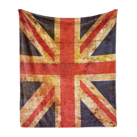 England Soft Flannel Fleece Throw Blanket, Grunge Union Jack Design National United Kingdom Country Flag Image, Cozy Plush for Indoor and Outdoor Use, 60" x 80", Night Blue Vermilion, by Ambesonne