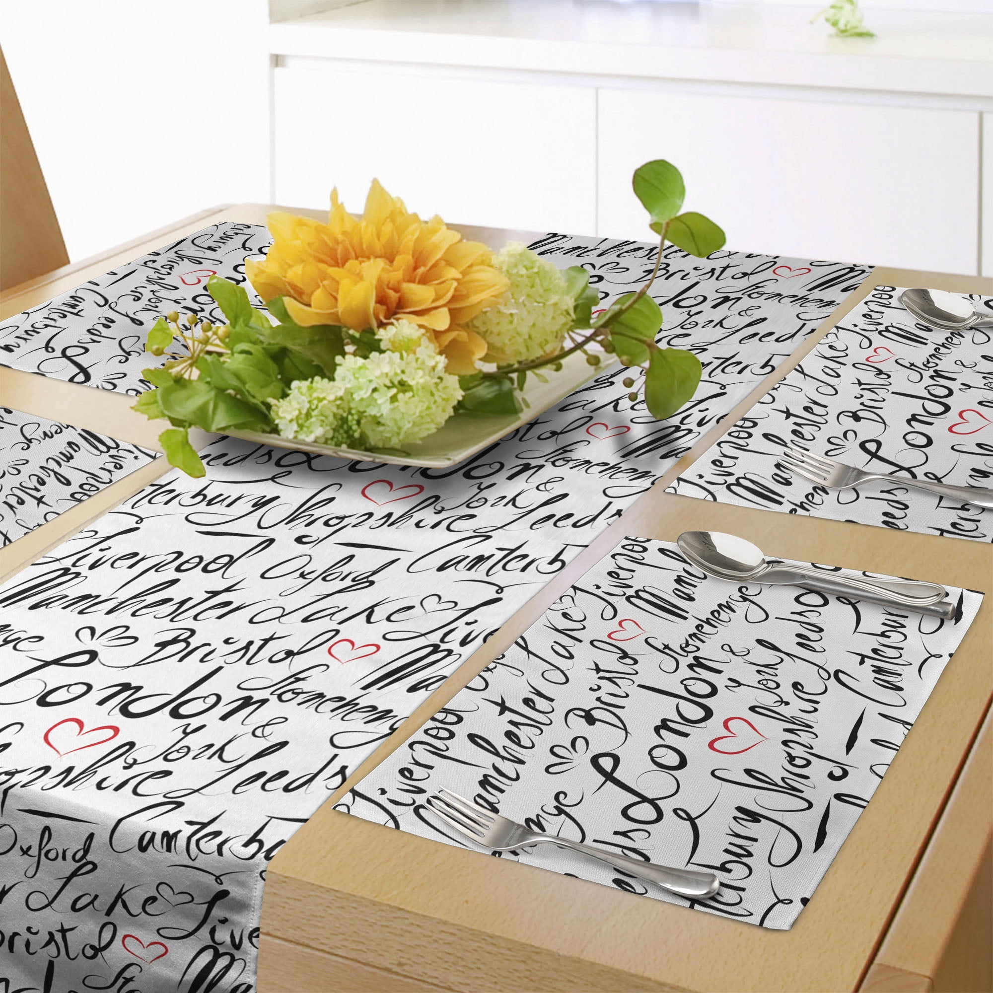 England Table Runner & Placemats, Famous Cities in Monochrome Hand