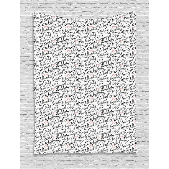 England Tapestry, Famous Cities in Monochrome Hand Lettering Style Bristol London Oxford, Wall Hanging for Bedroom Living Room Dorm Decor, 40W X 60L Inches, Black White Vermilion, by Ambesonne