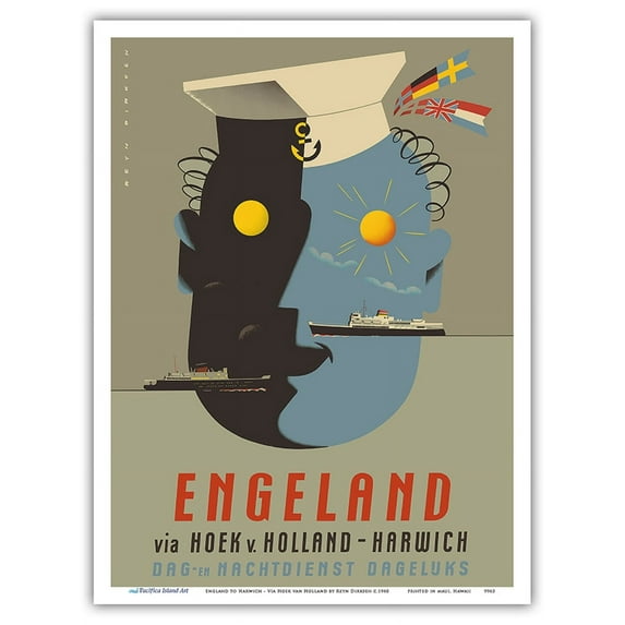 England to Harwich - Via Hoek van Holland - Vintage Ocean Liner Travel Poster by Reyn Dirksen c.1960 - Master Art Print (Unframed) 9in x 12in