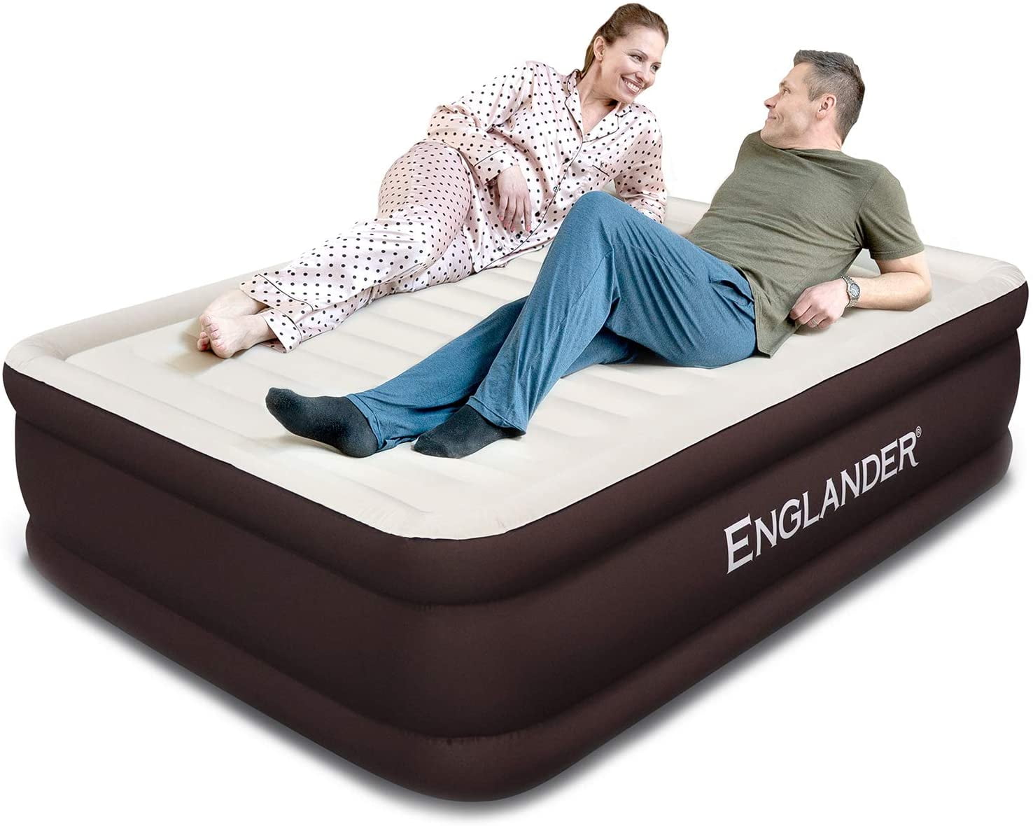 Englander First Ever Microfiber Queen Air Mattress, Luxury Microfiber airbed with Built in Pump, Highest End Blow up Bed, Inflatable Air Mattresses for Guests Home Travel, Brown