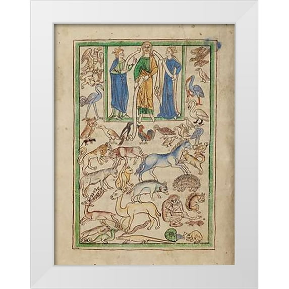English 13th Century 25x32 White Modern Wood Framed Museum Art Print Titled - Adam Naming the Animals