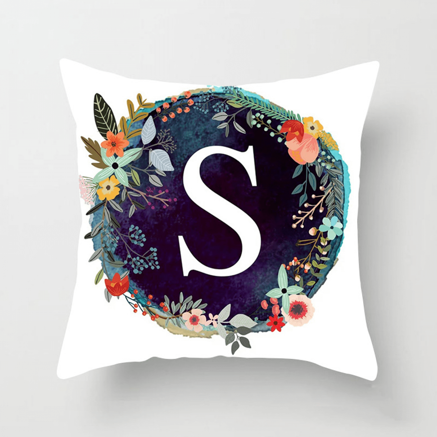 English Alphabet Throw Pillow Cover Floral 18x18 Inch Square Peach Skin Velvet Decorative Flower