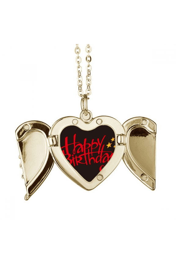 English Art Text Happy Birthday Folded Wings Peach Heart Pendant Necklace