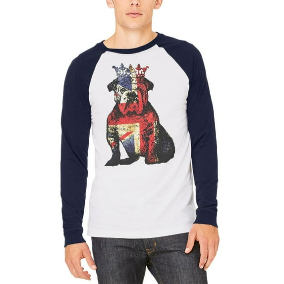 English British Bulldog Crown Grunge Flag Mens Long Sleeve Raglan T Shirt White-Navy MD