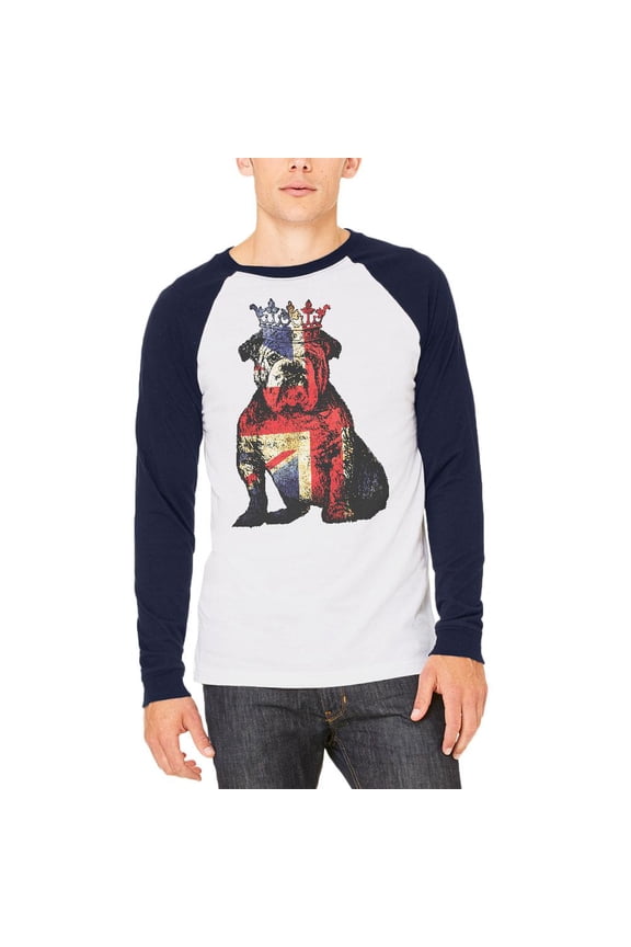 English British Bulldog Crown Grunge Flag Mens Long Sleeve Raglan T Shirt White-Navy MD