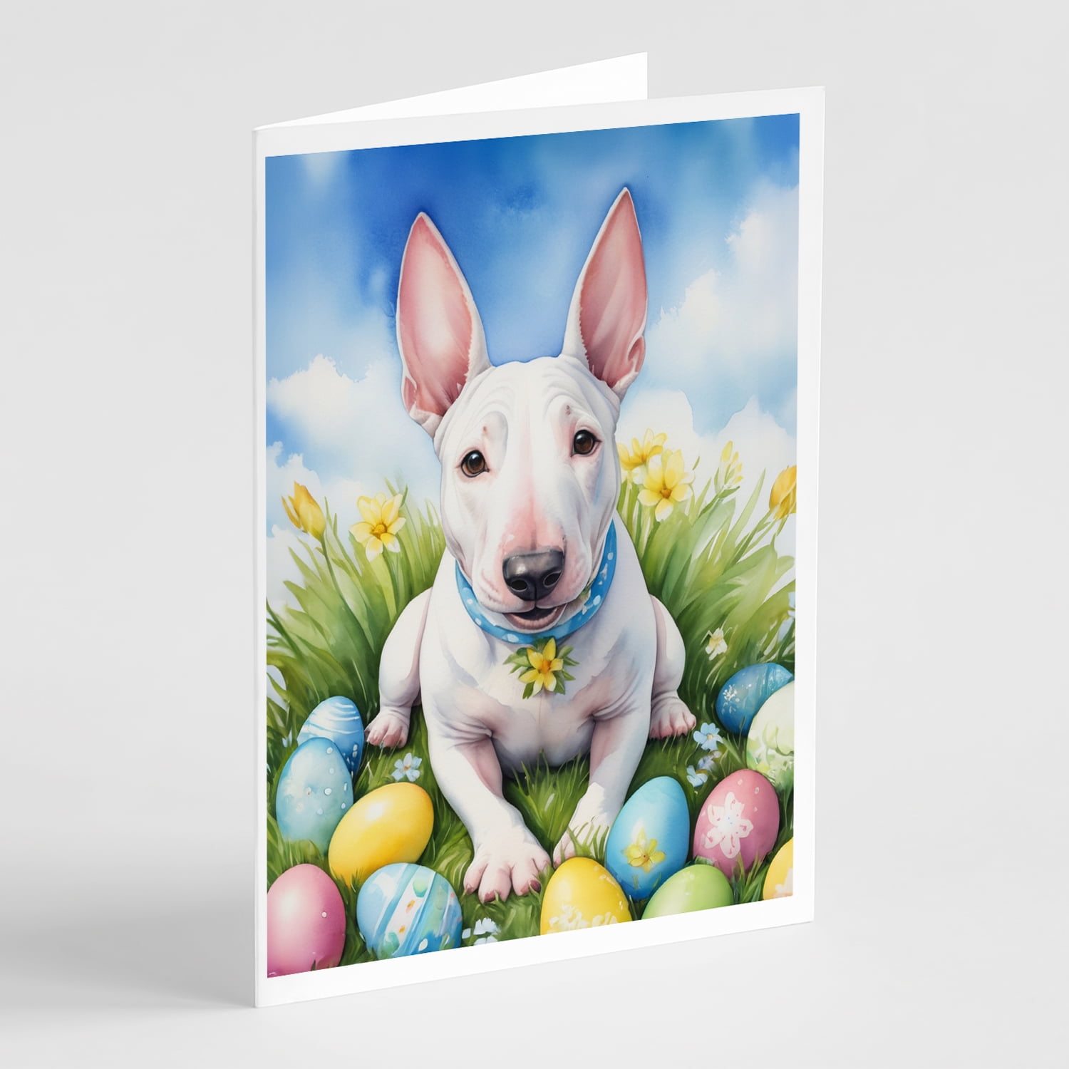English Bull Terrier Easter Egg Hunt Greeting Cards Pack of 8 7 in x 5 in