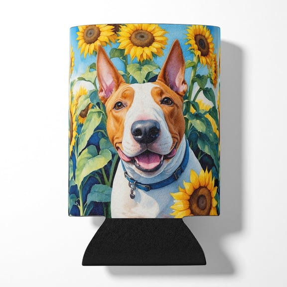 English Bull Terrier in Sunflowers Can or Bottle Hugger 3 in x 5 in