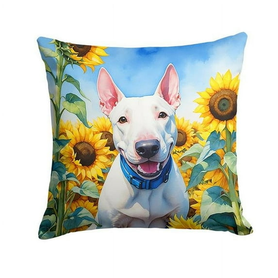 English Bull Terrier in Sunflowers Throw Pillow 14 in x 14 in