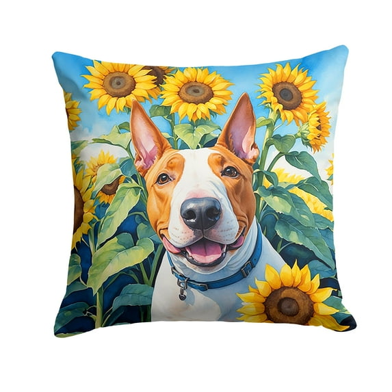 English Bull Terrier in Sunflowers Throw Pillow 14 in x 14 in