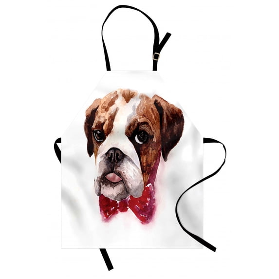 English Bulldog Apron Watercolor Dog Portrait with a Bow Tie Design Brush Stroke Effect, Unisex Kitchen Bib Apron with Adjustable Neck for Cooking Baking Gardening, Brown Ruby Black, by Ambesonne