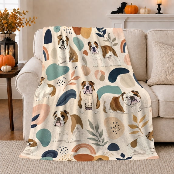 English Bulldog Autumn Botanical Illustration, Playful Pet Portrait Pattern, Warm Flannel Blanket for Living Room and Bedroom, Dog Lovers Thanksgiving Gift, Pet Lover Home Decor