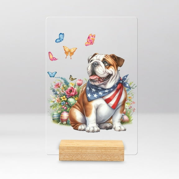 English Bulldog Celebrates Spring and Enjoys a Happy Easter Acrylic Plaque Sign Ashwood Base Dog Lover Gifts Idea Home Desk Decor - 02001