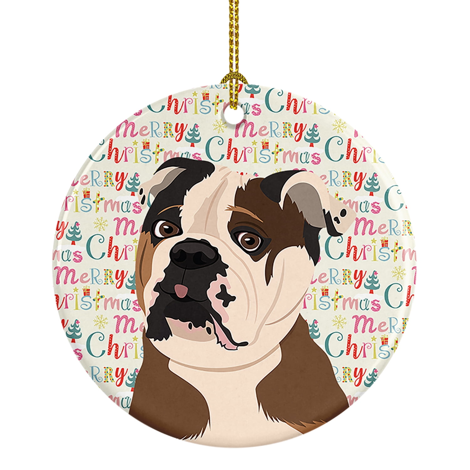 English Bulldog Chocolate Tan Christmas Ceramic Ornament 2.8 in x 2.8 in