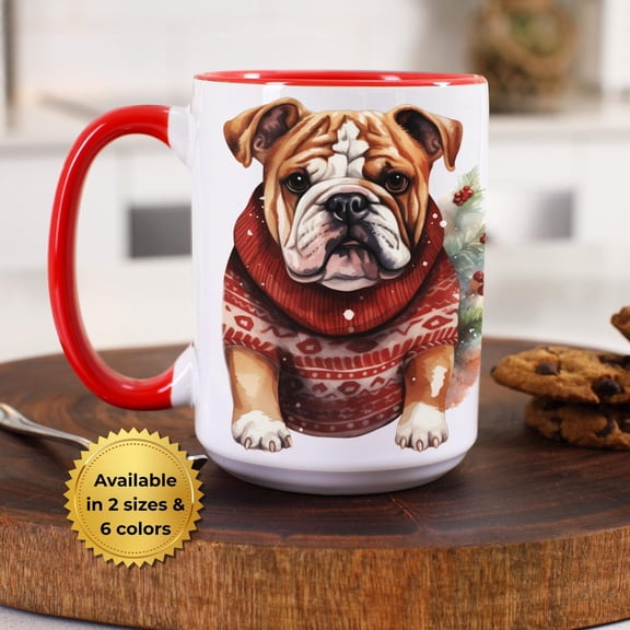 English Bulldog Coffee Mug: Handmade Ceramic Mug with Red Handle  Cozy Christmas Gift