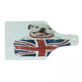 thumbnail image 1 of English Bulldog Cutting Board, Happy Pet Bulldog Holding a Union Jack Flag of the Britain, Decorative Tempered Glass Cutting and Serving Board, Wine Bottle Shape, Cream Navy Blue Red, by Ambesonne, 1 of 6