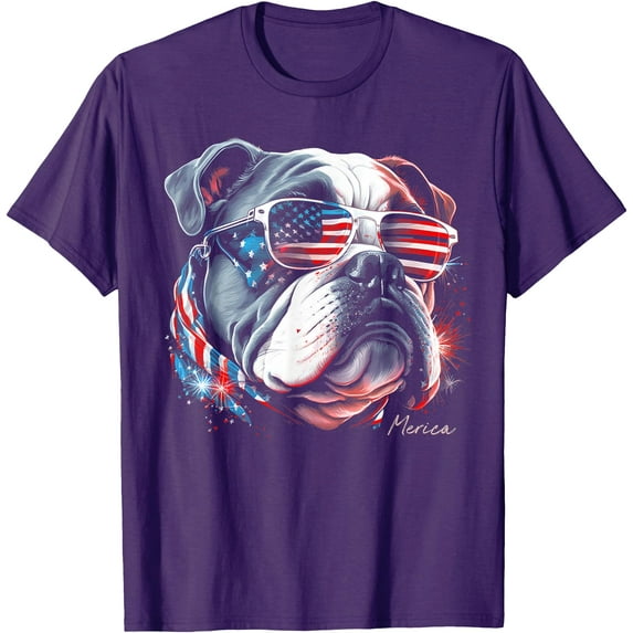English Bulldog Dog 4th of July American Flag USA Funny Softstyle Unisex T-Shirt,Purple Color,Size YXL