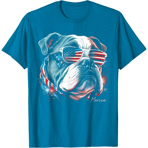 English Bulldog Dog 4th of July American Flag USA Funny Softstyle Unisex T-Shirt,Sapphire Color,Size XL