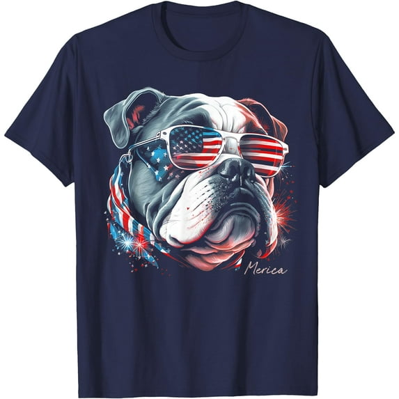 English Bulldog Dog 4th of July American Flag USA Funny Softstyle Unisex T-Shirt
