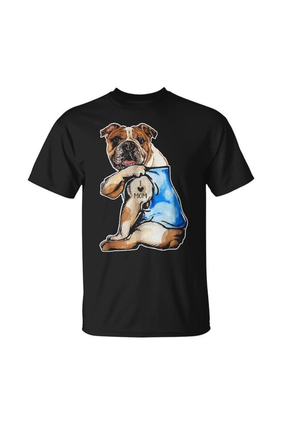 English Bulldog Dog Mom Graphic Cotton Tee for Adults – Unisex T-Shirt with 'I Love Mom' Tattoo Style Design, Casual Comfortable Everyday Wear, Size 3XL, Color Black