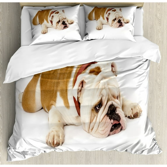 English Bulldog Duvet Cover Set King Size, Sad and Tired Bulldog Laying Down European Pure Breed Animal Photography, Decorative 3 Piece Bedding Set with 2 Pillow Shams, Cream Brown, by Ambesonne