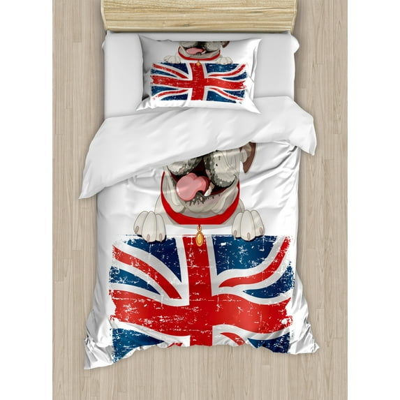 English Bulldog Duvet Cover Set Twin Size, Happy Pet Bulldog Holding a Union Jack Flag of the Great Britain, Decorative 2 Piece Bedding Set with 1 Pillow Sham, Cream Navy Blue Red, by Ambesonne