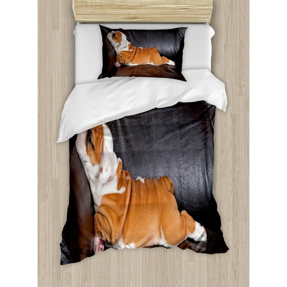 English Bulldog Duvet Cover Set Twin Size, Puppy Resting on a Sofa Funny Animal Photography Cute Canine, Decorative 2 Piece Bedding Set with 1 Pillow Sham, Seal Brown White Brown, by Ambesonne