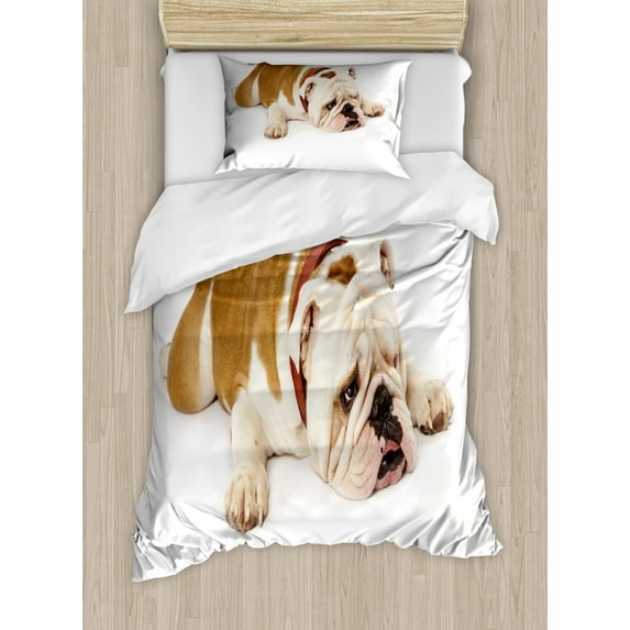 English Bulldog Duvet Cover Set Twin Size, Sad and Tired Bulldog Laying Down European Pure Breed Animal Photography, Decorative 2 Piece Bedding Set with 1 Pillow Sham, Cream Brown, by Ambesonne