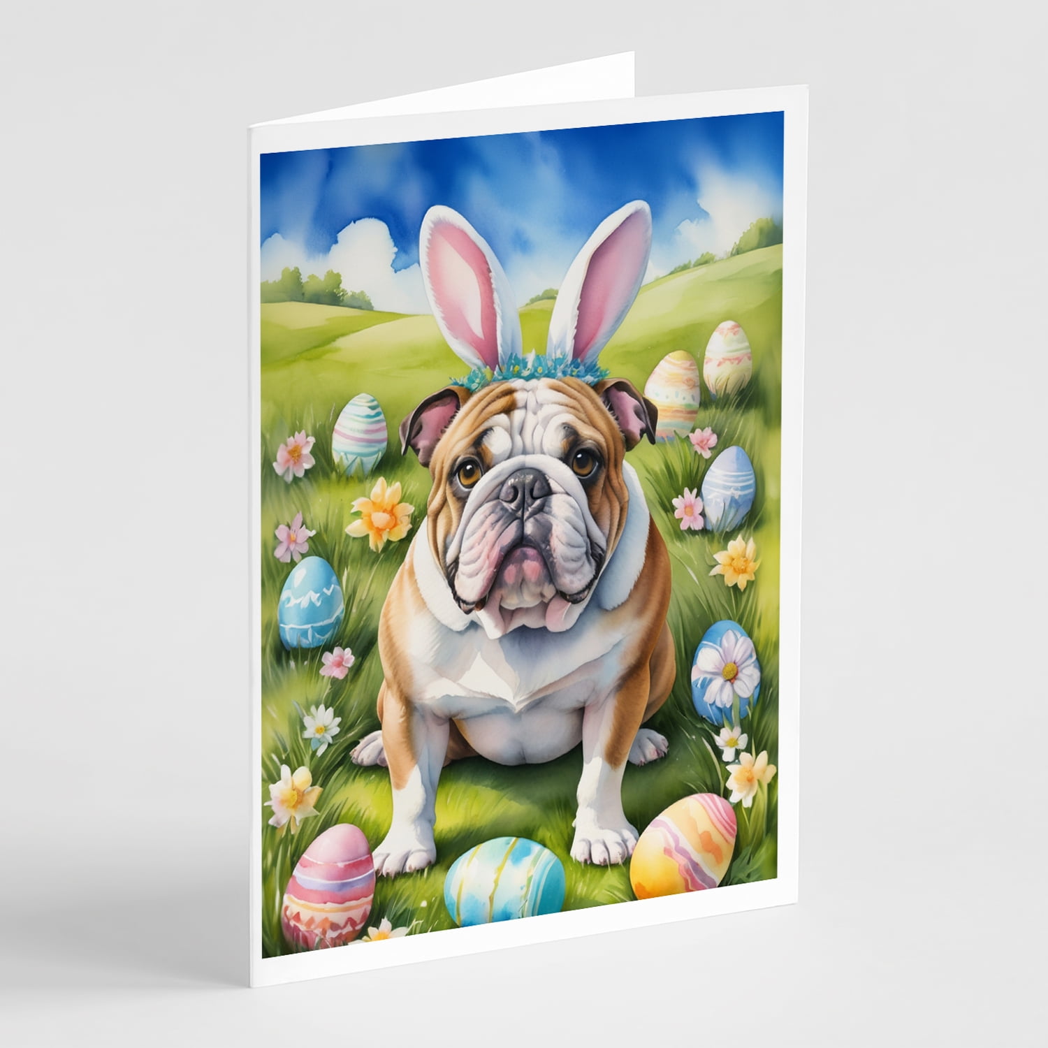 English Bulldog Easter Egg Hunt Greeting Cards Pack of 8 7 in x 5 in