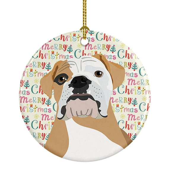 English Bulldog Fawn and White Christmas Ceramic Ornament 2.8 in x 2.8 in