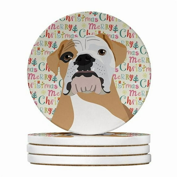 English Bulldog Fawn and White Christmas Large Sandstone Coasters Pack of 4 4 in x 4 in