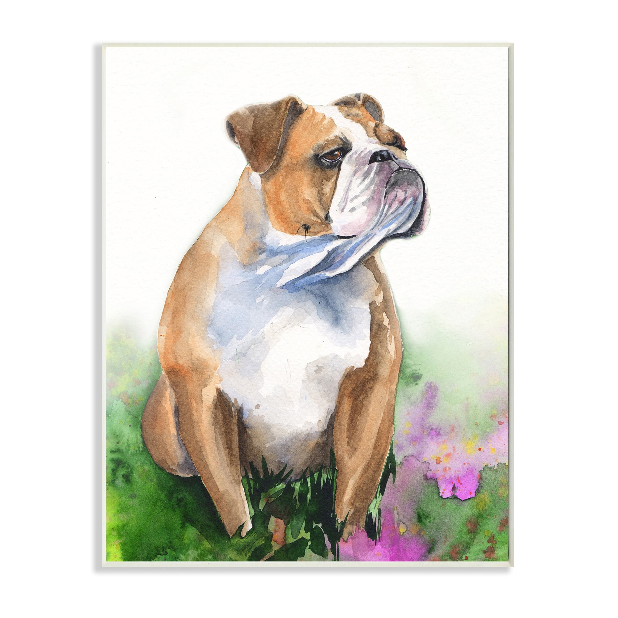 Stupell Industries English Bulldog Grassy Florals Soft Watercolor Portrait Wall Plaque, 13 x 19, Design by George Dyachenko