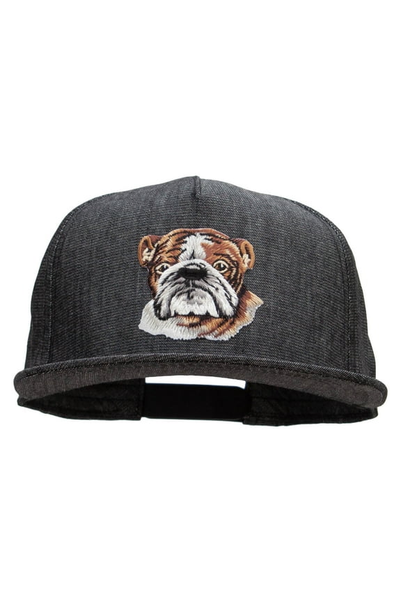 English Bulldog Head Patched 5 Panel Flat Bill Snapback Cap - Denim Black OSFM
