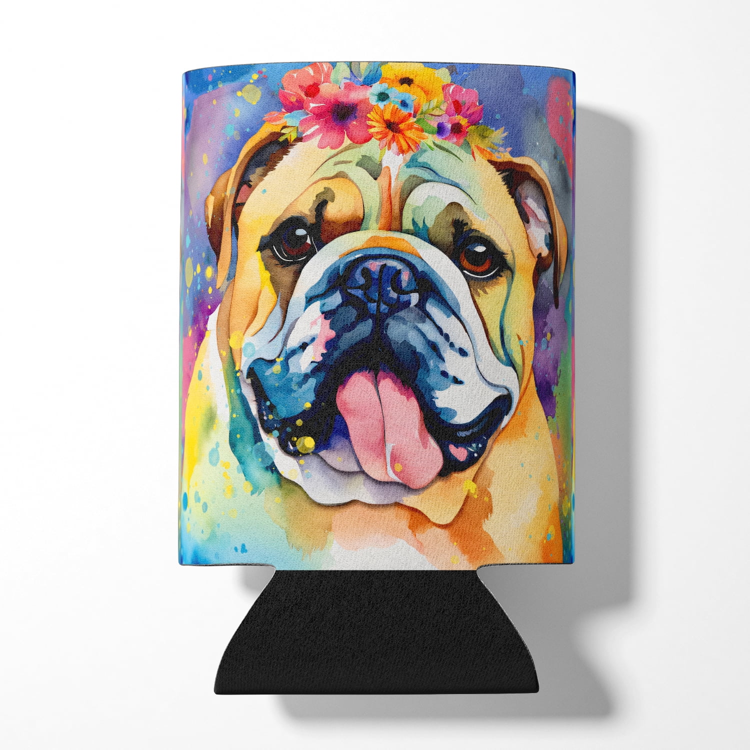 English Bulldog Hippie Dawg Can or Bottle Hugger 3 in x 5 in
