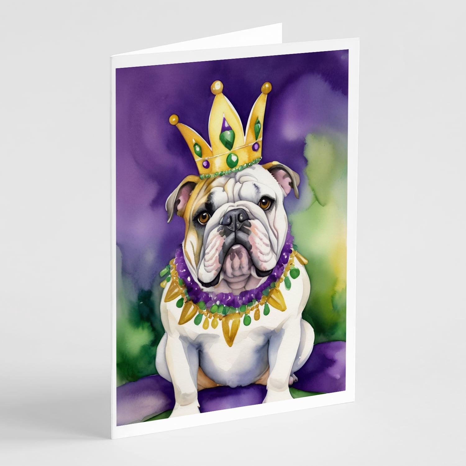 English Bulldog King of Mardi Gras Greeting Cards Pack of 8 7 in x 5 in