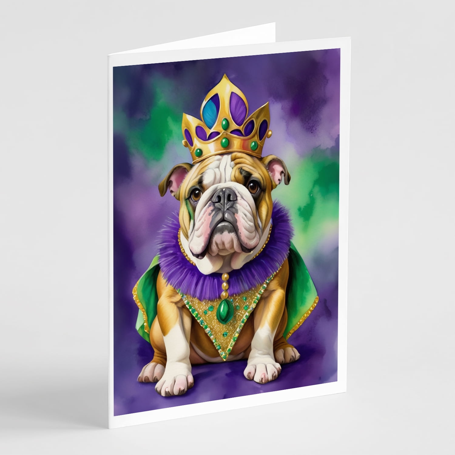English Bulldog King of Mardi Gras Greeting Cards Pack of 8 7 in x 5 in