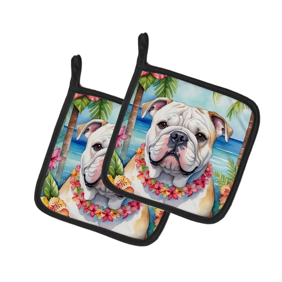 English Bulldog Luau Pair of Pot Holders
