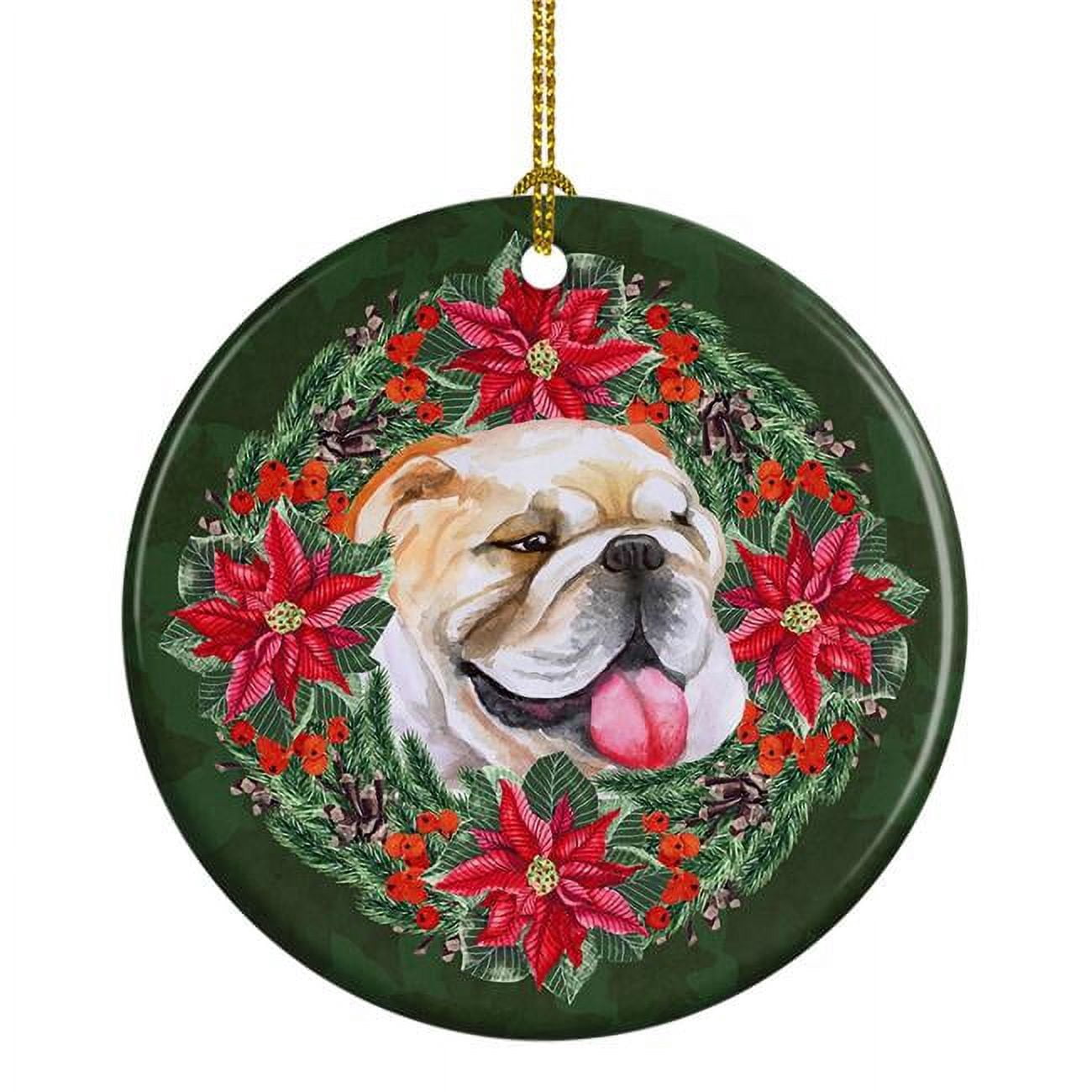 English Bulldog Poinsetta Wreath Ceramic Ornament 2.8 in x 2.8 in
