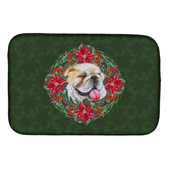 English Bulldog Poinsetta Wreath Dish Drying Mat