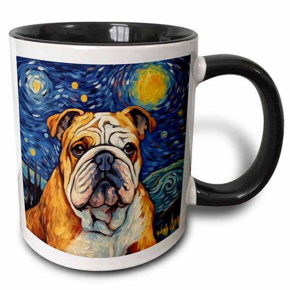 3drose, English Bulldog Portrait in Post-impressionism Style, 11oz Two-tone Black Mug
