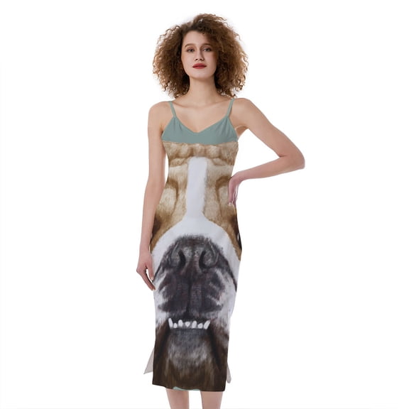 English Bulldog Portrait Print Slim Fit Midi Cami Dress, Dog Pet Lover Fashion Summer Maxi Sexy Casual Dress For Women