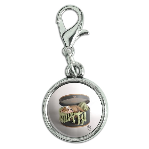 English Bulldog Puppy Dog Sleeping Hatbox Box Antiqued Bracelet Pendant Zipper Pull Charm with Lobster Clasp