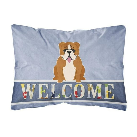English Bulldog Red White Welcome Canvas Fabric Decorative Pillow
