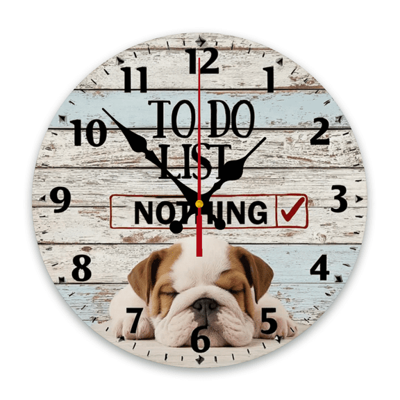English Bulldog Rustic Wooden Wall Clock to Do List Nothing Clocks Funny Dog Wood Clock Dog Mom Wooden Round Clocks Wall Decor 10Inch Battery Operated Home Decorative Silent Clock for Living Roo