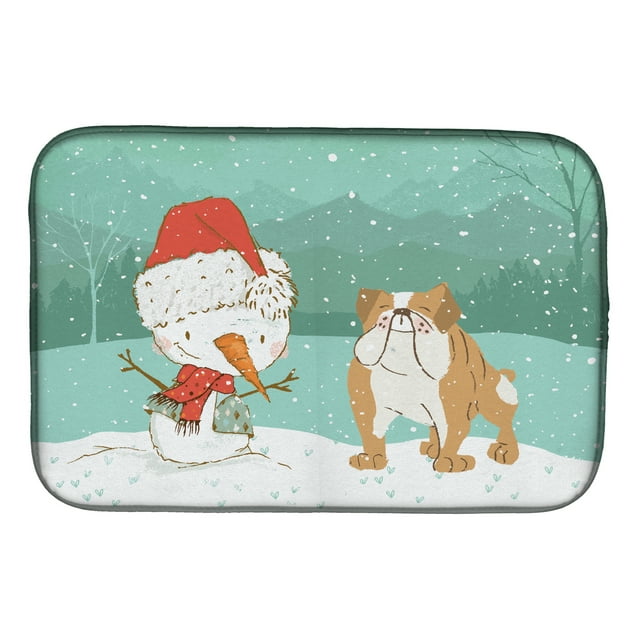 English Bulldog Snowman Christmas Dish Drying Mat