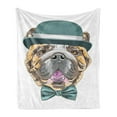 thumbnail image 1 of English Bulldog Soft Flannel Fleece Blanket, Dog in a Hat and Bow Tie Animal Design with Formal Attire Pure Breed, Cozy Plush for Indoor and Outdoor Use, 60" x 80", Teal Brown Pink, by Ambesonne, 1 of 5