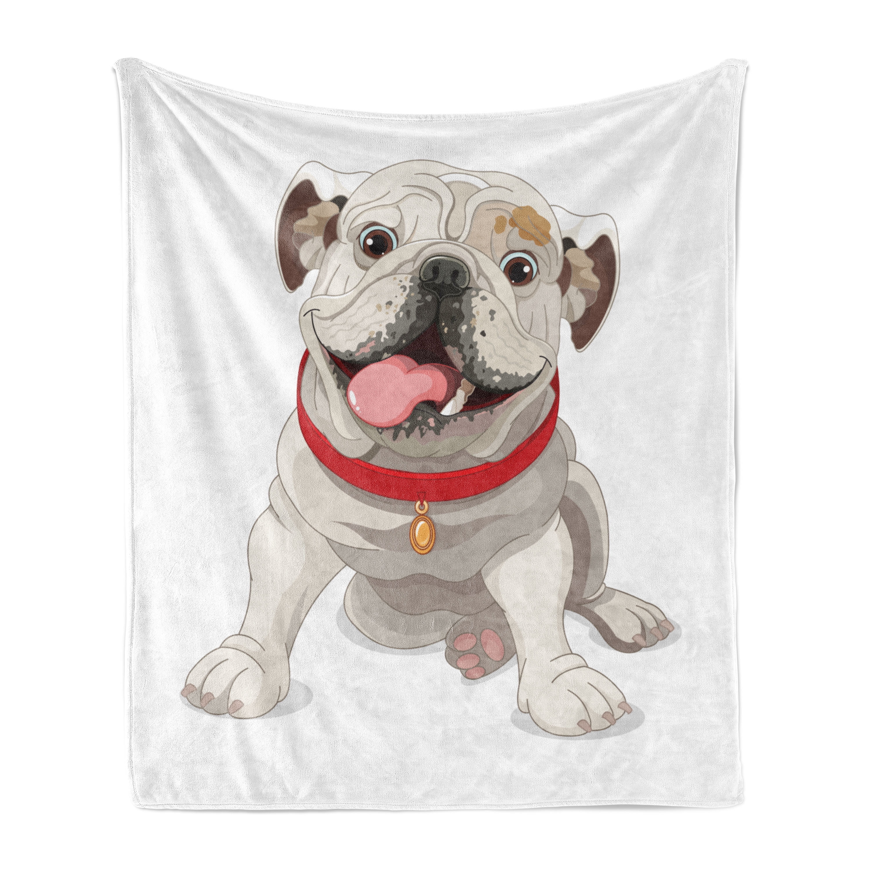 English Bulldog Soft Flannel Fleece Blanket, Happy Puppy with a Red Collar  Domestic Pure Breed Animal Illustration, Cozy Plush for Indoor and Outdoor  Use, 50\, image size:3000x3000