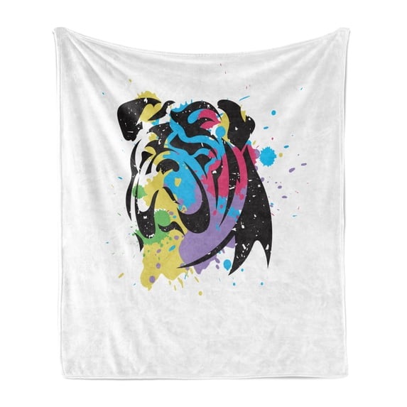 English Bulldog Soft Flannel Fleece Blanket, Bulldog Portrait with Rainbow Style Color Splashes Simplistic Animal Design, Cozy Plush for Indoor and Outdoor Use, 50" x 70", Multicolor, by Ambesonne